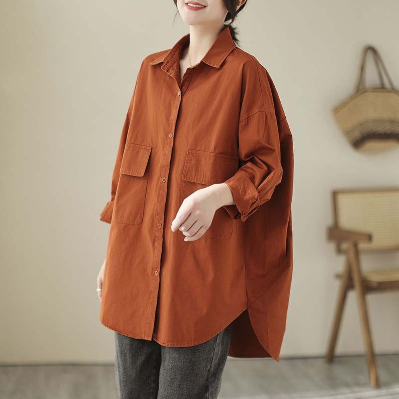 Novi dolazak Proljetna umjetnička stilska ženska košulja dugih rukava širokih ovratnika s duplim džepovima Jednobojna ležerna košulja Ženske majice P314