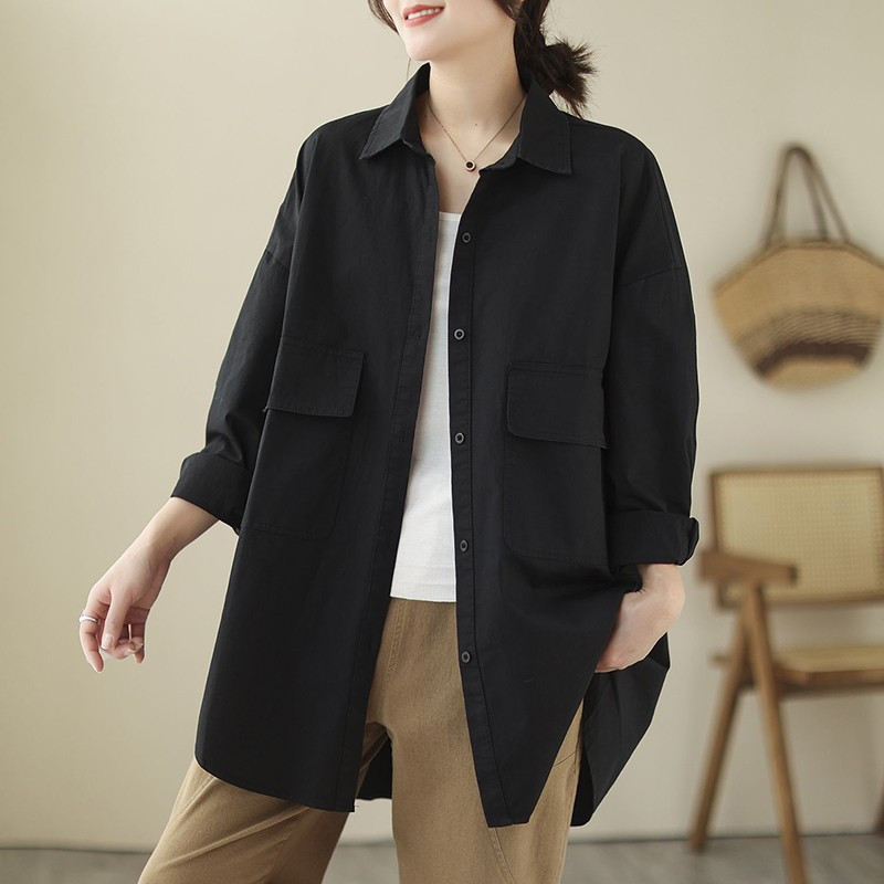Novi dolazak Proljetna umjetnička stilska ženska košulja dugih rukava širokih ovratnika s duplim džepovima Jednobojna ležerna košulja Ženske majice P314