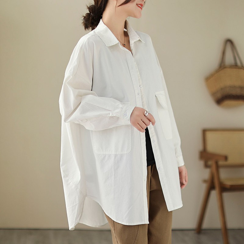 Novi dolazak Proljetna umjetnička stilska ženska košulja dugih rukava širokih ovratnika s duplim džepovima Jednobojna ležerna košulja Ženske majice P314