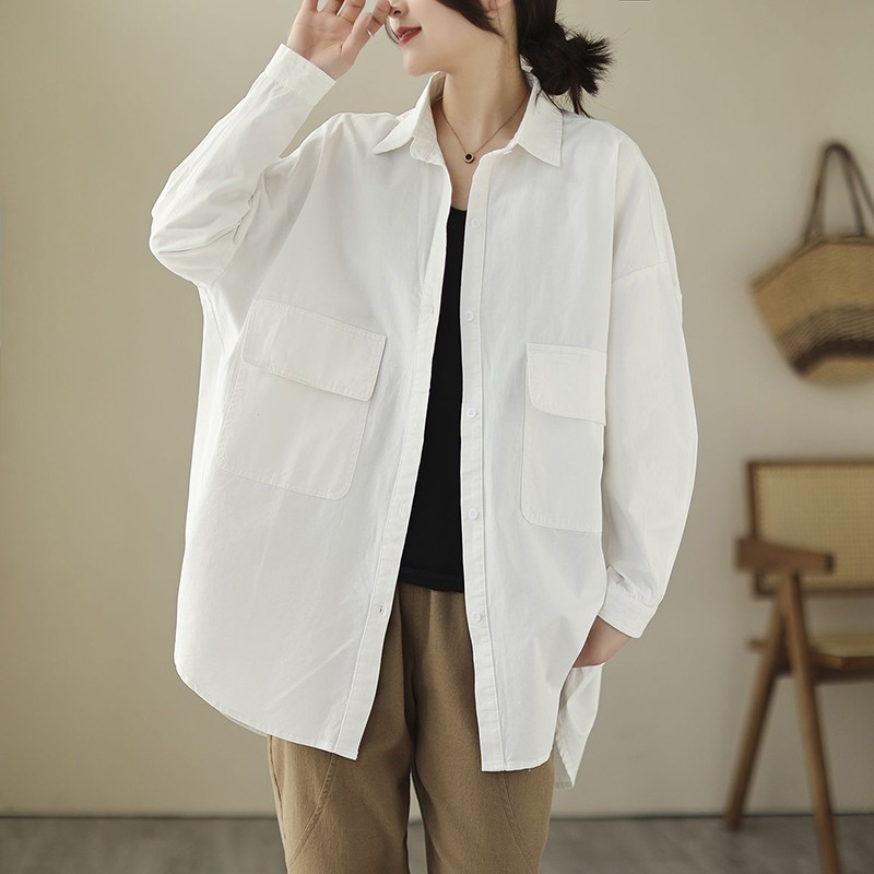 Novi dolazak Proljetna umjetnička stilska ženska košulja dugih rukava širokih ovratnika s duplim džepovima Jednobojna ležerna košulja Ženske majice P314