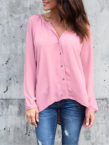 Пролетно-есенна модна дамска плисирана риза с V-образно деколте с дълъг ръкав Едноцветна шифонена блуза за жени Ежедневни ризи с копчета Топове