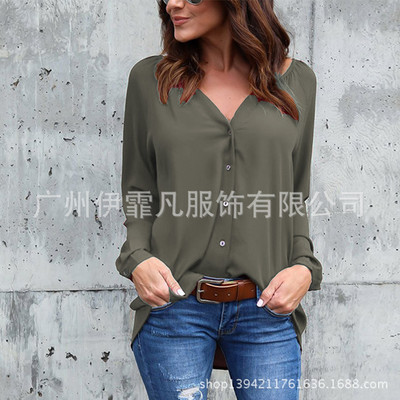Cămașă cu mânecă lungă, de primăvară, de toamnă, cu decolteu în V, bluză din șifon, pentru femei, casual, cu nasturi, cămăși Topuri