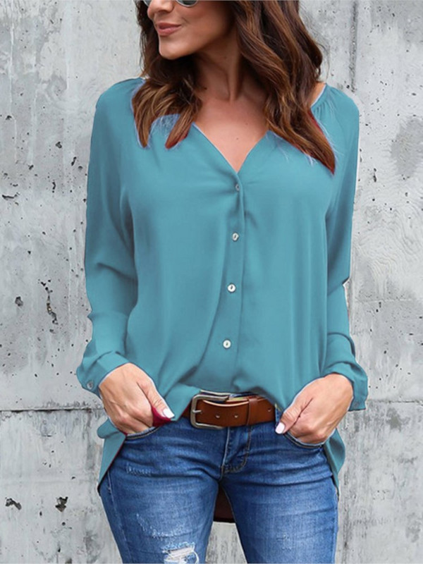 Cămașă cu mânecă lungă, de primăvară, de toamnă, cu decolteu în V, bluză din șifon, pentru femei, casual, cu nasturi, cămăși Topuri