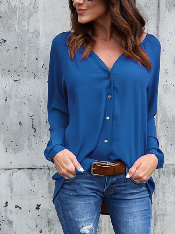 Cămașă cu mânecă lungă, de primăvară, de toamnă, cu decolteu în V, bluză din șifon, pentru femei, casual, cu nasturi, cămăși Topuri