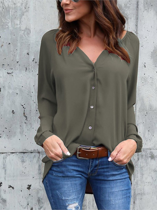 Cămașă cu mânecă lungă, de primăvară, de toamnă, cu decolteu în V, bluză din șifon, pentru femei, casual, cu nasturi, cămăși Topuri