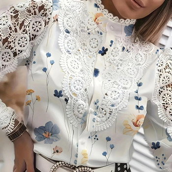 Модни ретро бели дантелени дамски ризи с дълъг ръкав 2023 Есенни копчета Горнища и блузи с флорални щампи Дамски топ Femme Риза