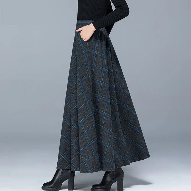 Sügistalvine Plus Size Tweed vihmavari seelik Vintage elastne kõrge vöökohaga plisseeritud A-joonega seelikud Tänavarõivad Naiste ruudulised pikad seelikud