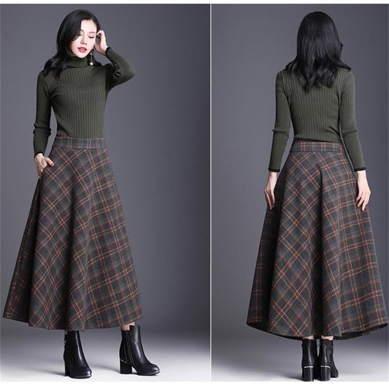 Sügistalvine Plus Size Tweed vihmavari seelik Vintage elastne kõrge vöökohaga plisseeritud A-joonega seelikud Tänavarõivad Naiste ruudulised pikad seelikud