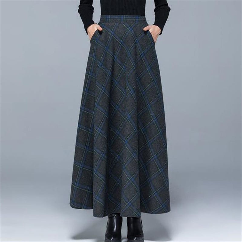 Sügistalvine Plus Size Tweed vihmavari seelik Vintage elastne kõrge vöökohaga plisseeritud A-joonega seelikud Tänavarõivad Naiste ruudulised pikad seelikud