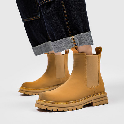 Žute čizme za muškarce Visoke ležerne cipele Čizme za jahanje od kože Platforma Muške retro Chelsea čizme s alatom i debelim potplatom