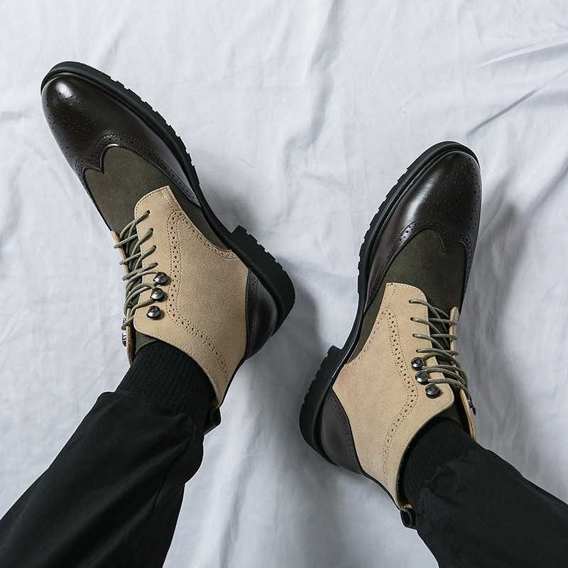 Zimske modne muške šiljate kombinacije boja Patchwork brogue čizme gležnjače Muške ležerne luksuzne cipele visoke marke Zapatos Hombre