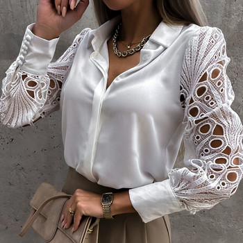 Винтидж бяла дантелена риза Дамска модна 2023 г. Елегантна блуза с издълбани копчета Дамски ежедневни дамски топове с дълъг ръкав 19948
