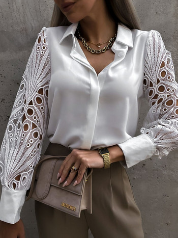 Vintage Λευκό Δαντελένιο Γυναικείο Πουκάμισο 2023 Μόδα με κούφιο κουμπί Κομψή μπλούζα Γυναικεία μακρυμάνικη μπλούζα γραφείου 19948