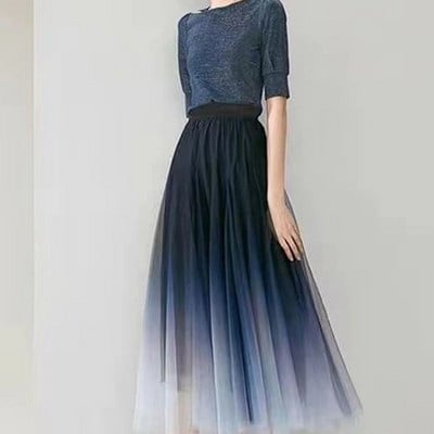 MEXZT elegantiški tiulio sijonai moteriški aukštu juosmeniu gradiento tinklelio klostuotas midi sijonas Korėjietiškas elastingas laisvas laisvalaikio sijonas, atitinkantis liniją