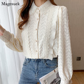Vintage Puff čipkasta bluza dugih rukava Ženske ležerne izdubljene elegantne ženske majice Jesenske jednobojne šik košulje Ženske Blusas Mujer 23050