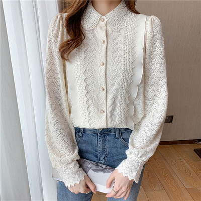 Vintage Puff čipkasta bluza dugih rukava Ženske ležerne izdubljene elegantne ženske majice Jesenske jednobojne šik košulje Ženske Blusas Mujer 23050