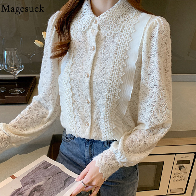 Vintage Puff čipkasta bluza dugih rukava Ženske ležerne izdubljene elegantne ženske majice Jesenske jednobojne šik košulje Ženske Blusas Mujer 23050