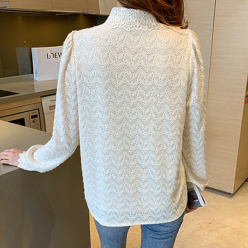Vintage Puff čipkasta bluza dugih rukava Ženske ležerne izdubljene elegantne ženske majice Jesenske jednobojne šik košulje Ženske Blusas Mujer 23050