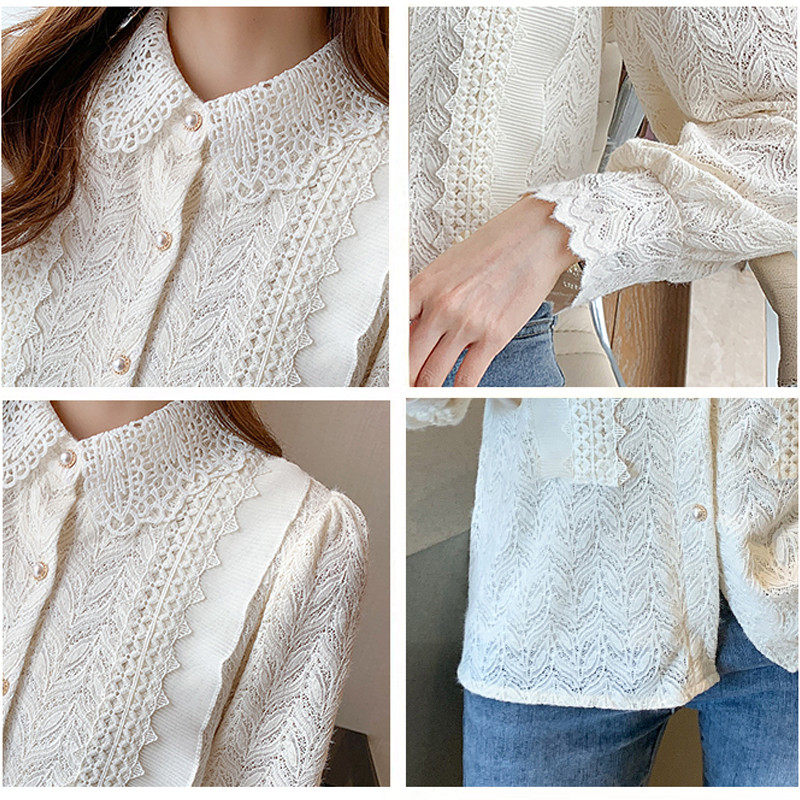 Vintage Puff čipkasta bluza dugih rukava Ženske ležerne izdubljene elegantne ženske majice Jesenske jednobojne šik košulje Ženske Blusas Mujer 23050