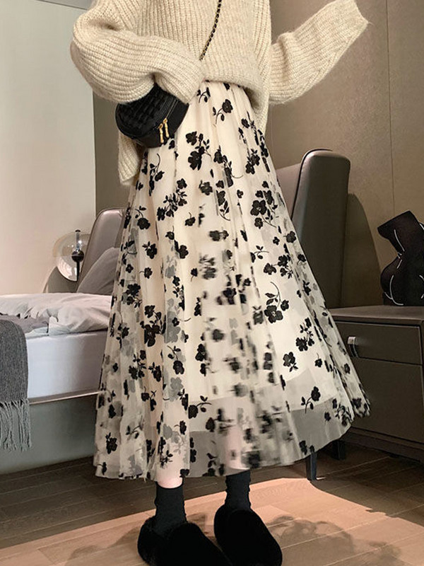 Mrežasta suknja s cvjetnim uzorkom za žene 2023. Jesen Zima Čipkana velika ljuljaška Elastična modna elegantna Mujer party a-kroja visokog struka