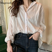 Moda coreeană Cămașă de femeie din dantelă goală supradimensionată, guler răsturnat, Topuri pentru damă, cu mâneci lungi, bluză albă, Bluze pentru femei 13127