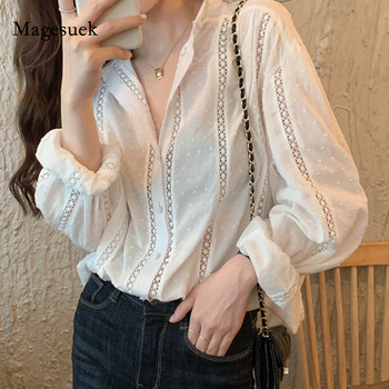 Κορεάτικη μόδα Υπερμεγέθη κούφιο δαντελένιο γυναικείο πουκάμισο πουκάμισο με γυριστό γιακά Φαρδιά γυναικεία μπλουζάκια μακρυμάνικη λευκή μπλούζα γυναικεία μπλούζα 13127