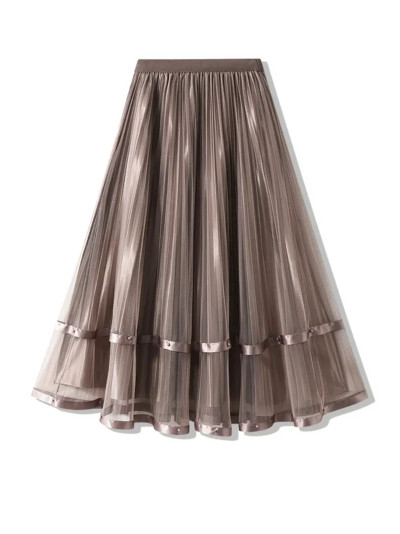 Ilgas sijonas Tvirtas aukštu juosmeniu klostuoti sluoksniuoti sijonai Korėjos mados gatvės apranga laisvalaikio tinkliniai stilingi elegantiški midi sijonai