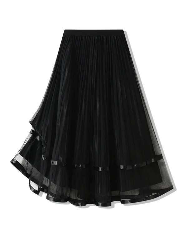 Ilgas sijonas Tvirtas aukštu juosmeniu klostuoti sluoksniuoti sijonai Korėjos mados gatvės apranga laisvalaikio tinkliniai stilingi elegantiški midi sijonai