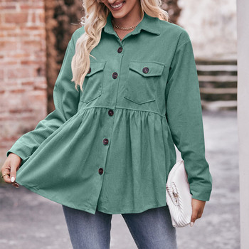 Дамски ретро рипсени рипсени ризи с джобове, есен, зима, модерни, едноцветни, широки блузи с дълъг ръкав, ежедневни улични топове