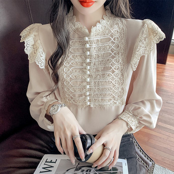 Есенна реколта широка шифонена риза Дамска дамска дантела с дълъг ръкав и мъниста Бяла блуза Дамска яка с волани Офис дамски горнища 16087