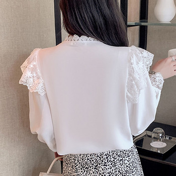 Φθινοπωρινό vintage φαρδύ σιφόν πουκάμισο Γυναικείο μακρυμάνικο με χάντρες λευκή μπλούζα γυναικεία βάση Βολάν γραφείου Γυναικεία μπλουζάκια 16087