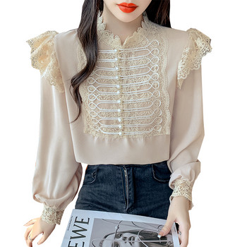 Есенна реколта широка шифонена риза Дамска дамска дантела с дълъг ръкав и мъниста Бяла блуза Дамска яка с волани Офис дамски горнища 16087