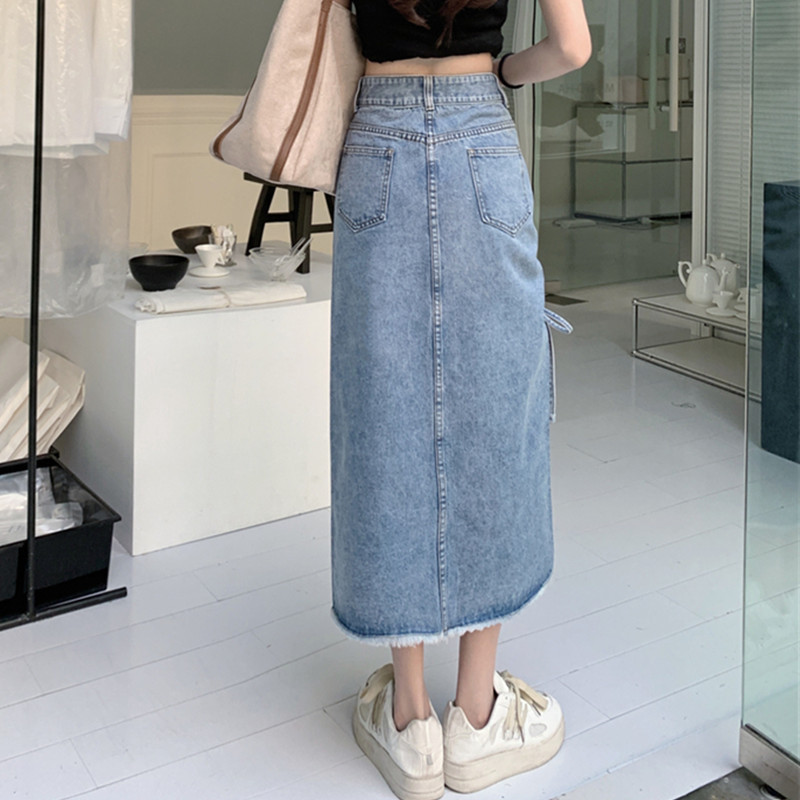 S-5XL Fusta de blugi pentru femeie, primăvară, vară, modă nouă, cu șireturi, tivul despicat, largi, de lungime medie, din bumbac, cu blugi, pentru femei, mărime mare