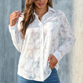 Jesen dugih rukava Bijela čipkana šifon bluza Ženske elegantne uredske ležerne kratke hlače za žene Jacquard Jednobojne široke majice Blusas 27130