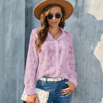 Jesen dugih rukava Bijela čipkana šifon bluza Ženske elegantne uredske ležerne kratke hlače za žene Jacquard Jednobojne široke majice Blusas 27130