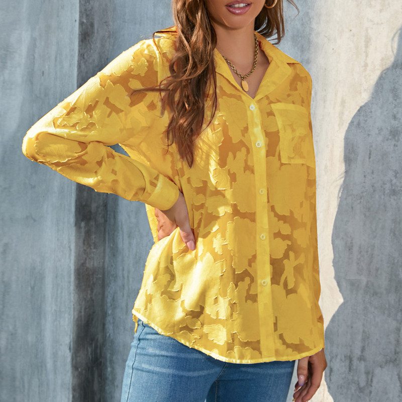 Jesen dugih rukava Bijela čipkana šifon bluza Ženske elegantne uredske ležerne kratke hlače za žene Jacquard Jednobojne široke majice Blusas 27130