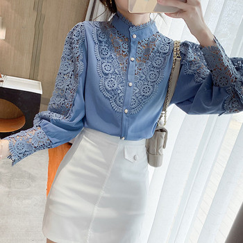Пролетни дантелени ризи за жени, нови корейски топове с бяла блуза, женски блузи с яка и дълги ръкави, дамски ежедневни 12948