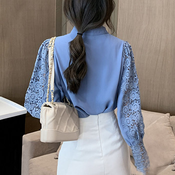Пролетни дантелени ризи за жени, нови корейски топове с бяла блуза, женски блузи с яка и дълги ръкави, дамски ежедневни 12948