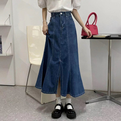 Dizajnirana plava traper suknja s ribljim repom s prorezom, ženska jesen zima velika modna suknja visokog struka u korejskom stilu, uska, šik suknja A kroja