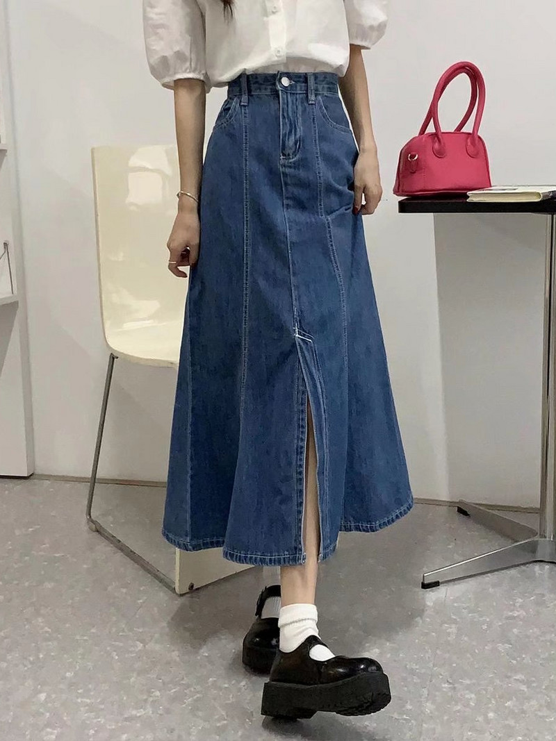 Dizajnirana plava traper suknja s ribljim repom s prorezom, ženska jesen zima velika modna suknja visokog struka u korejskom stilu, uska, šik suknja A kroja