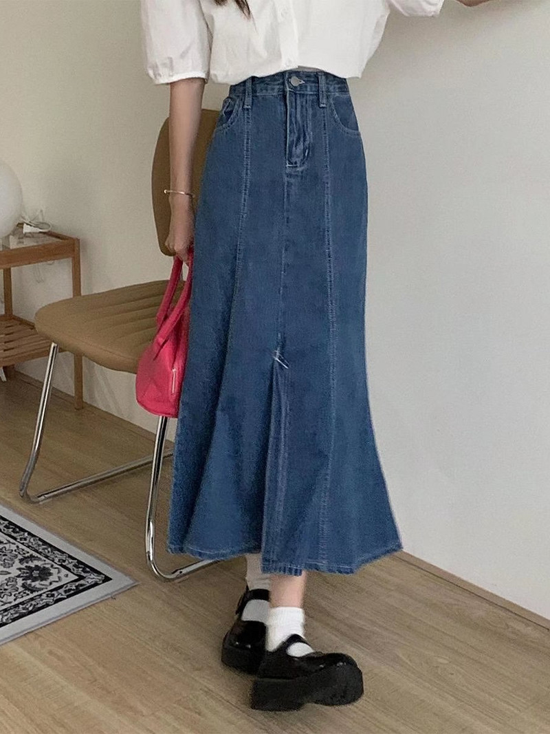 Dizajnirana plava traper suknja s ribljim repom s prorezom, ženska jesen zima velika modna suknja visokog struka u korejskom stilu, uska, šik suknja A kroja