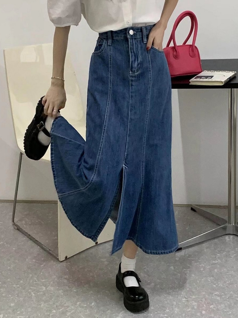 Dizajnirana plava traper suknja s ribljim repom s prorezom, ženska jesen zima velika modna suknja visokog struka u korejskom stilu, uska, šik suknja A kroja