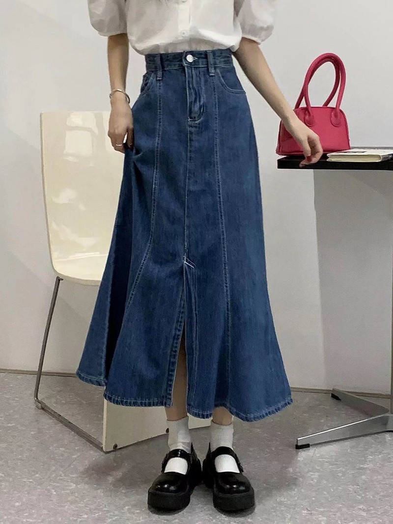 Dizajnirana plava traper suknja s ribljim repom s prorezom, ženska jesen zima velika modna suknja visokog struka u korejskom stilu, uska, šik suknja A kroja