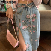 WTEMPO Plus Size Vintage vysoký pás s kvetinovou potlačou, stredne dlhé džínsové sukne, úzke sexy delené ceruzkové sukne, džínsy pre dievčatá, dámske šaty