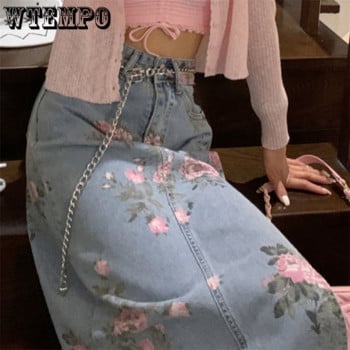 WTEMPO Plus Size Vintage ψηλόμεσο με λουλουδάτο τύπωμα Μεσαίες μακριές τζιν φούστες Λεπτές σέξι σπαστές pencil φούστα τζιν για κορίτσια Γυναικείο φόρεμα