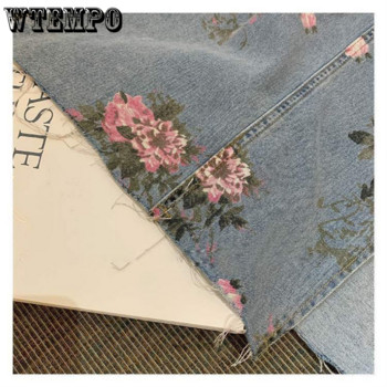 WTEMPO Plus Size Vintage ψηλόμεσο με λουλουδάτο τύπωμα Μεσαίες μακριές τζιν φούστες Λεπτές σέξι σπαστές pencil φούστα τζιν για κορίτσια Γυναικείο φόρεμα