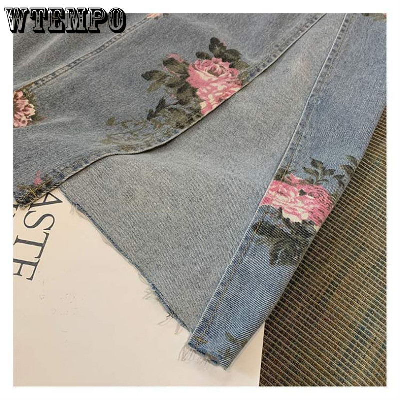 WTEMPO Plus Size Vintage vysoký pás s kvetinovou potlačou, stredne dlhé džínsové sukne, úzke sexy delené ceruzkové sukne, džínsy pre dievčatá, dámske šaty