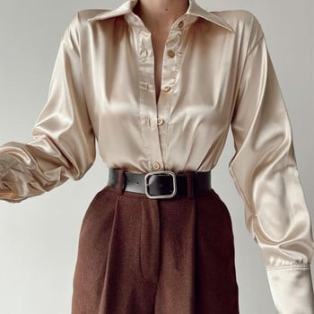 Σατέν γυναικείο πουκάμισο Polo γιακά Κομψό Γυναικείο πουκάμισο Γυναικείο Μπλουζάκι 2022 Άνοιξη Καλοκαίρι Casual Μακρυμάνικα Μπλούζες Γυναικεία 18913
