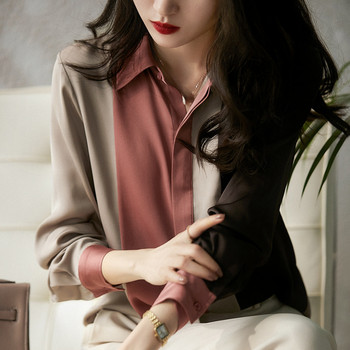 Копринена блуза с дълъг ръкав Дамска мода 2022 Елегантни копчета Винтидж сатенена риза Хит цвят Свободни ежедневни ризи Дамско облекло 18146