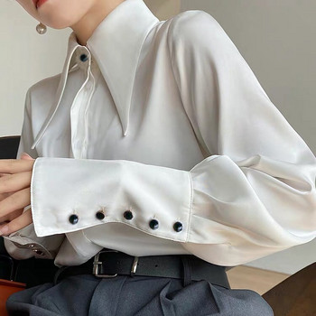 Шикозна ретро дамска блуза Елегантна едноредна сатенена копринена дамска риза Есенни нови бели ежедневни дамски ризи Топове Blusas 16946